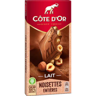 Plaque Côte d'Or lait et noisettes entières 180g : L'Alliance Gourmande du Chocolat et des Noisettes