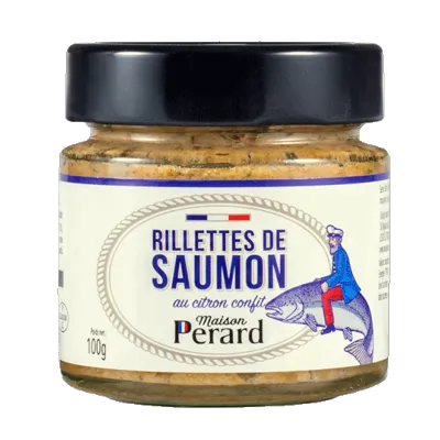 Rillettes de saumon artisanales Maison Pérard, délicatement agrémentées de citron confit. Une texture onctueuse et une saveur fraiche et raffinée, sans colorants ni conservateurs. À déguster sur toasts grillés, blinis ou en verrines pour un apéritif éléga