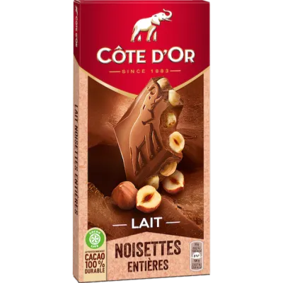 Plaque Côte d'Or lait et noisettes entières 180g : L'Alliance Gourmande du Chocolat et des Noisettes